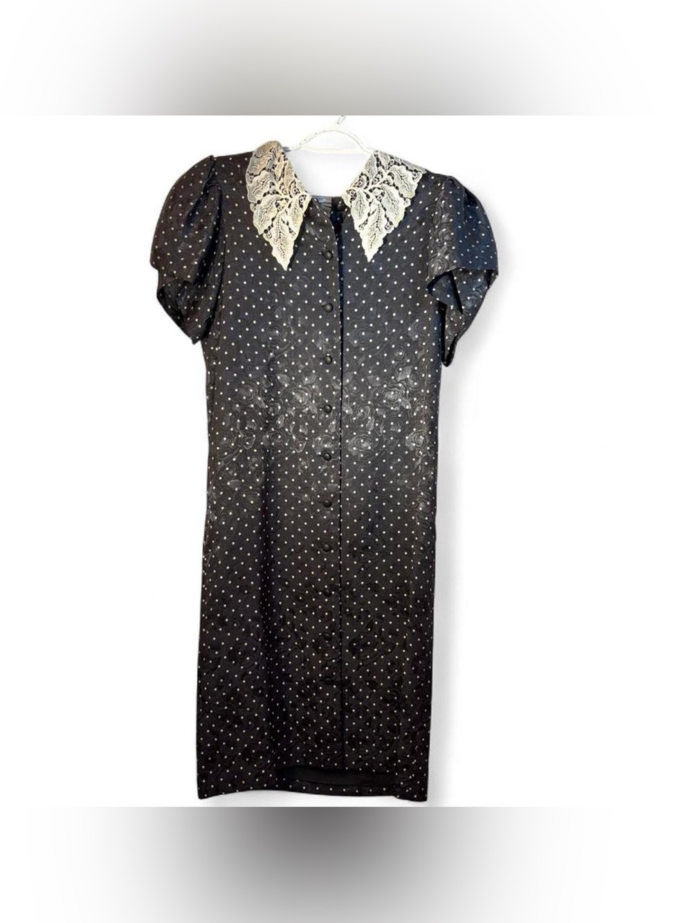 Vintage  Black Polka Dot Midi Dress with floral print and Lace Collar
